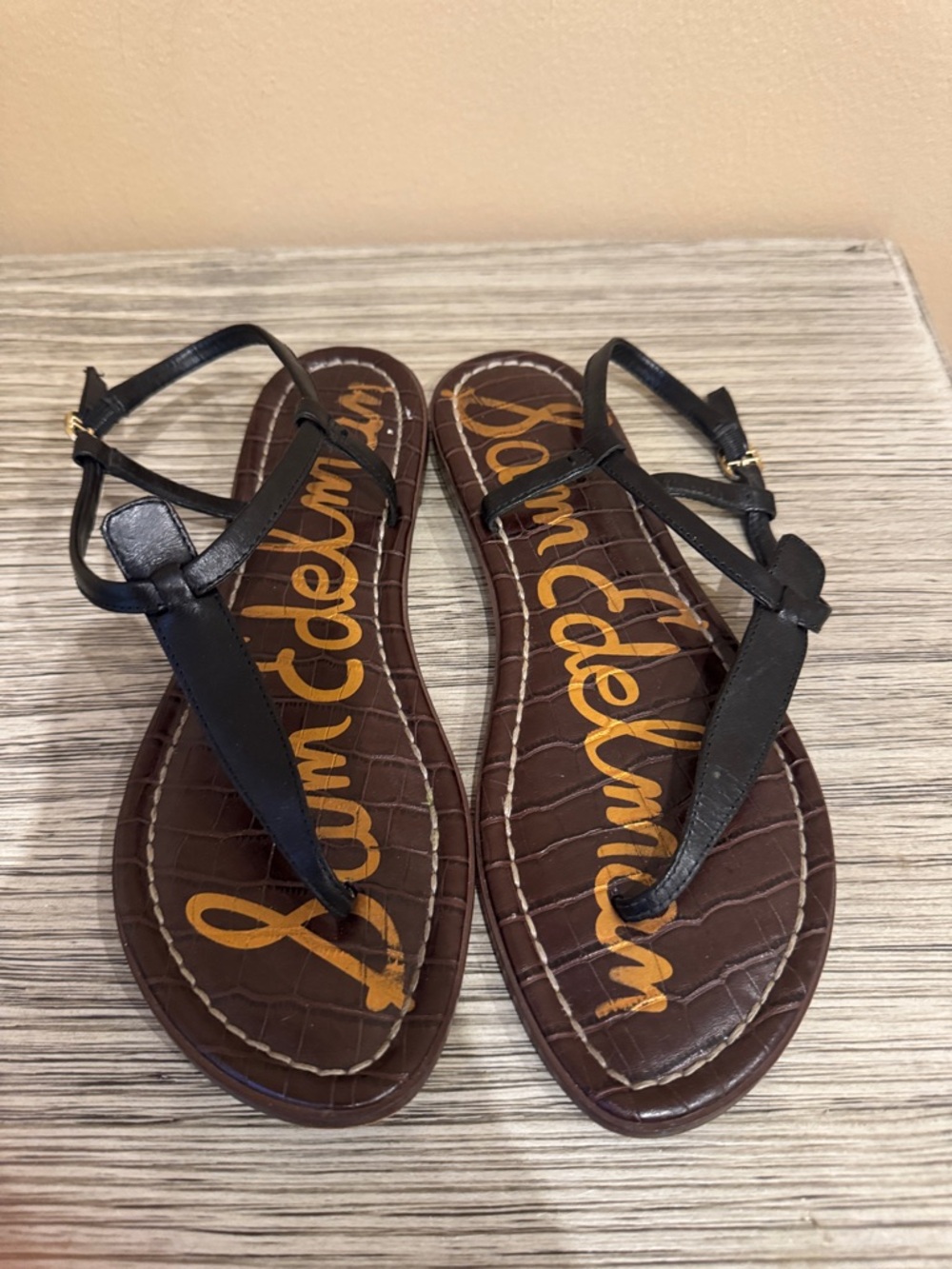 Sam Edelman Black T-Strap Brown Footbed Sandals - Women